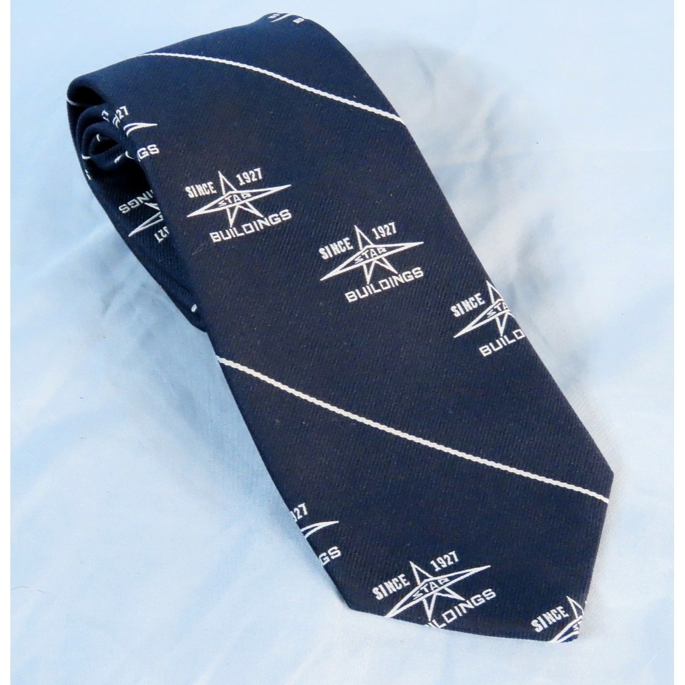 Vintage WEMLON WEMBLEY Men's Neck Tie NAVY BLUE & GRAY Star Buildings Since 1927